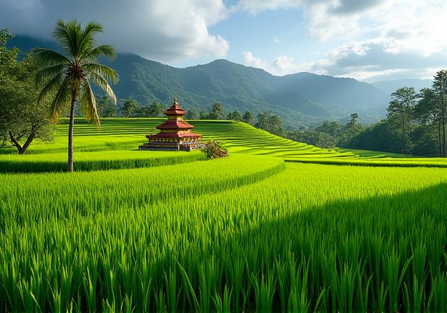 Lush green rice terraces in Bali, Indonesia with a traditional temple.