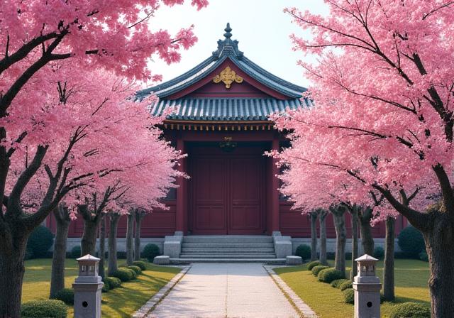 Ancient temple in Kyoto, Japan surrounded by cherry blossoms.