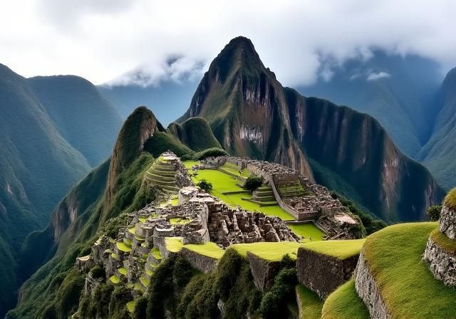 Ancient Inca city of Machu Picchu, Peru, perched high in the Andes mountains.