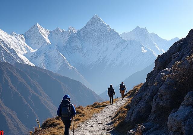 Trekkers on a trail in the Himalayas, Nepal, with snow-capped peaks in the background.