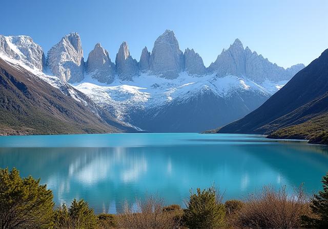 Hiking in Patagonia, Chile with mountains and clear lakes.