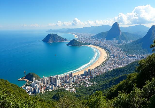 Panoramic view of Rio de Janeiro, Brazil, with Sugarloaf Mountain and beaches.